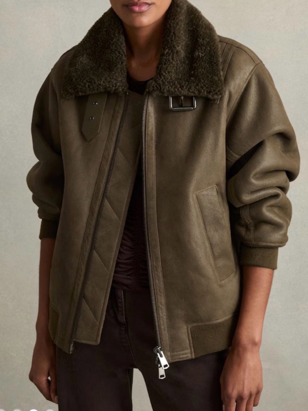 REISS
Blake Shearling Aviator Jacket in Dark khaki